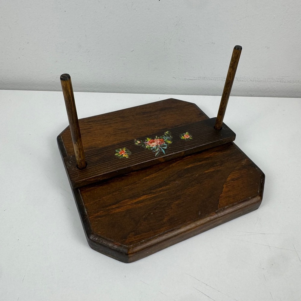 Vtg Wooden Napkin Holder Floral Decal Dark‎ Wood Farmhouse Kitchen Decor cottage